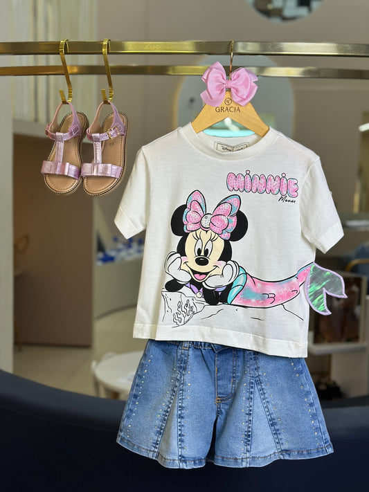 Conjunto Minnie Sereia e Shorts Jeans Strass Animê: mergulho no estilo e na diversão