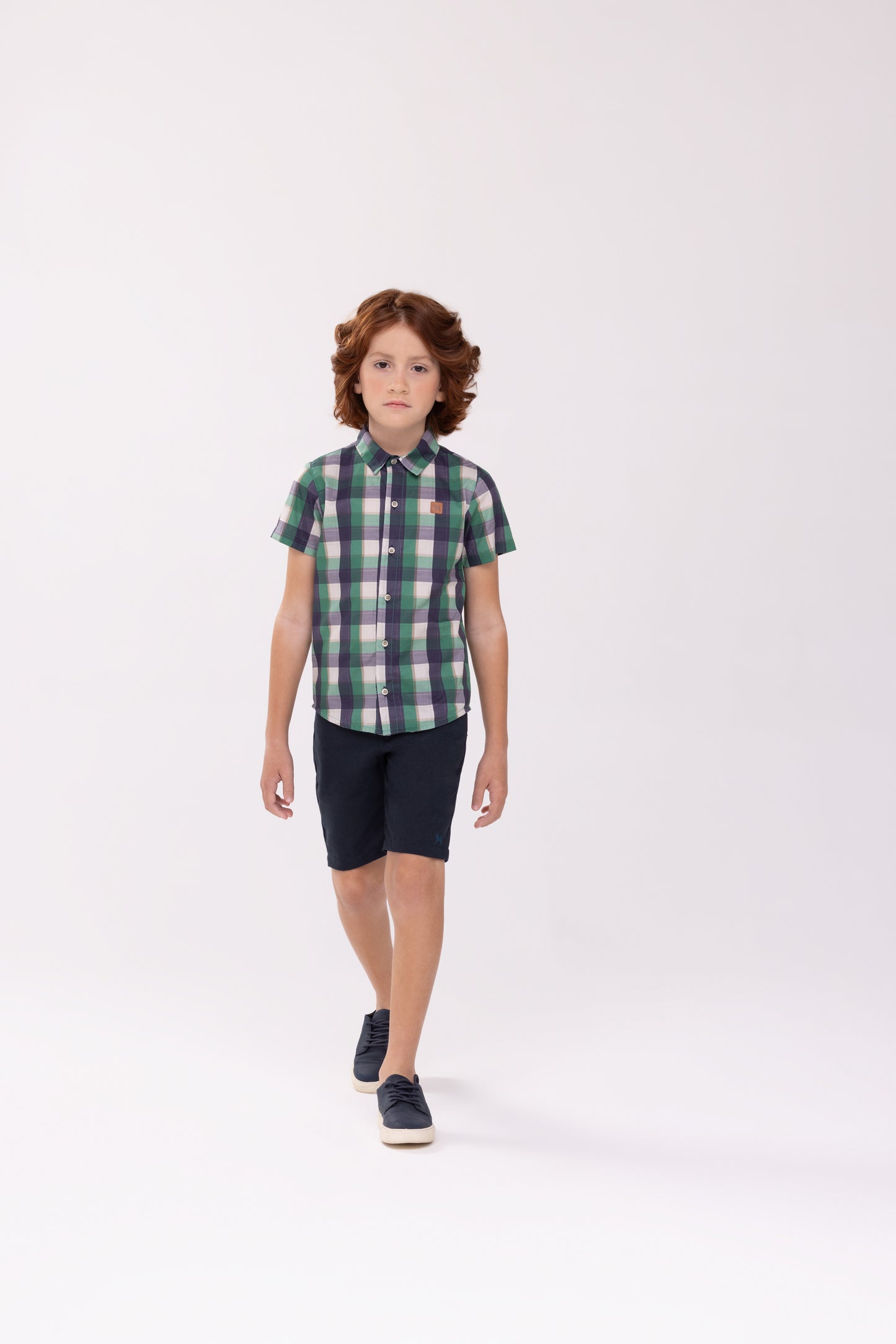 Conjunto Infantil Camisa MC Xadrez Verde e Bermuda Linho Marinho - Charpey