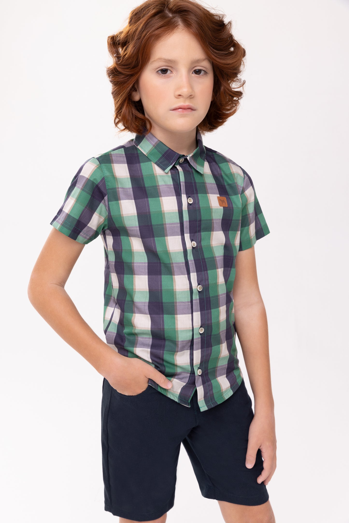 Conjunto Infantil Camisa MC Xadrez Verde e Bermuda Linho Marinho - Charpey