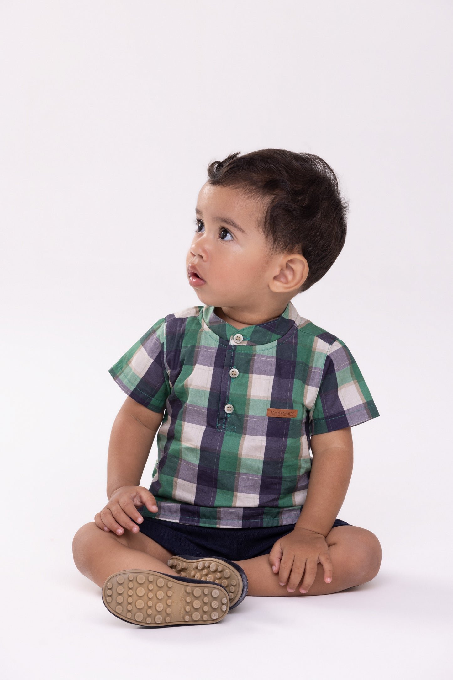 Conjunto Bebê Camisa MC Xadrez Verde e Bermuda Linho Marinho - Charpey