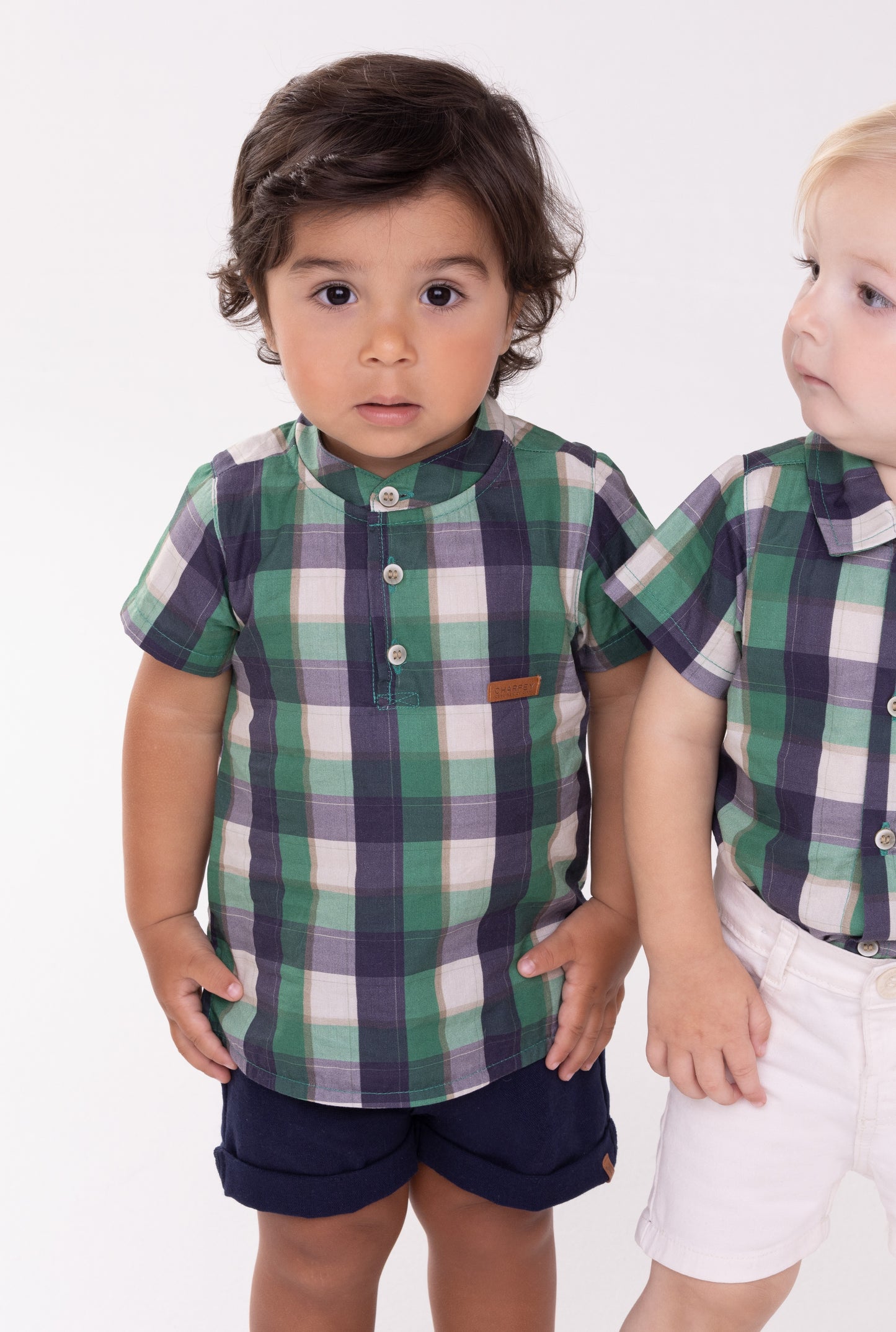 Conjunto Bebê Camisa MC Xadrez Verde e Bermuda Linho Marinho - Charpey