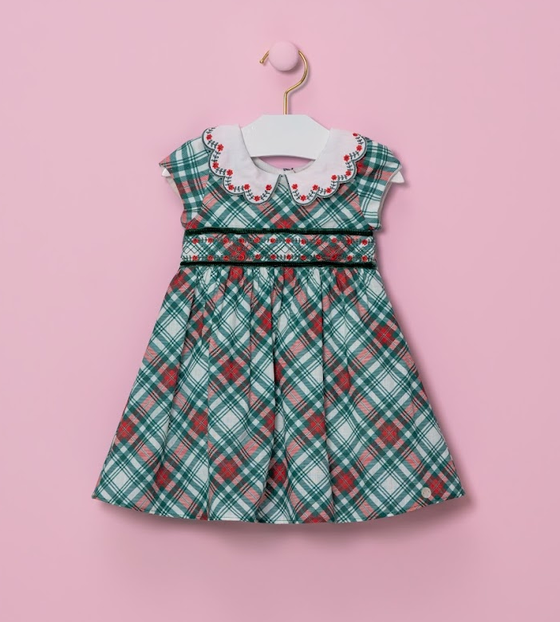 Vestido Infantil Xadrez Verde com Gola Bordade e Detalhes em Preto - Petit Cherie