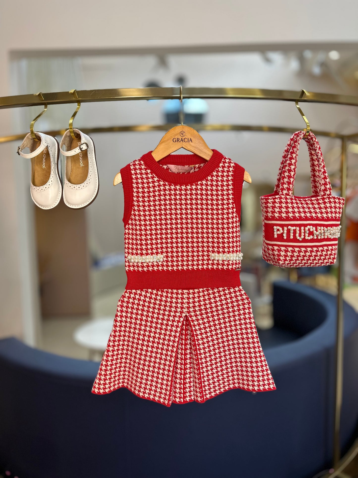 Conjunto Infantil Colete e Saia Tricot Pied Poule Prega - Pituchinhus