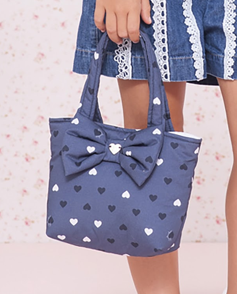 Bolsa Infantil Azul Marinhos Estampa de Corações e Laço Puffer - Pituchinhus