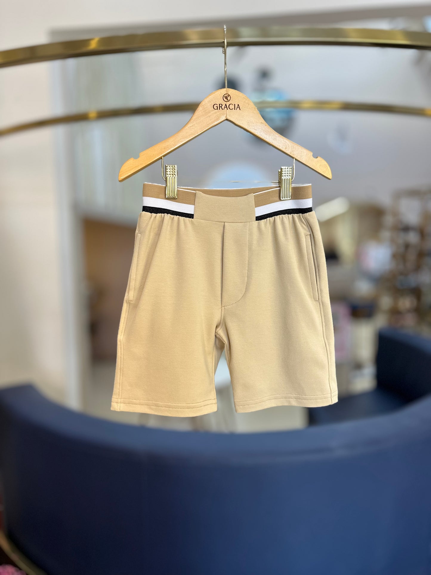 Conjunto Infantil Camiseta Teddy Cachorros Marinho e Bermuda Moletom Listra Bege - Dame