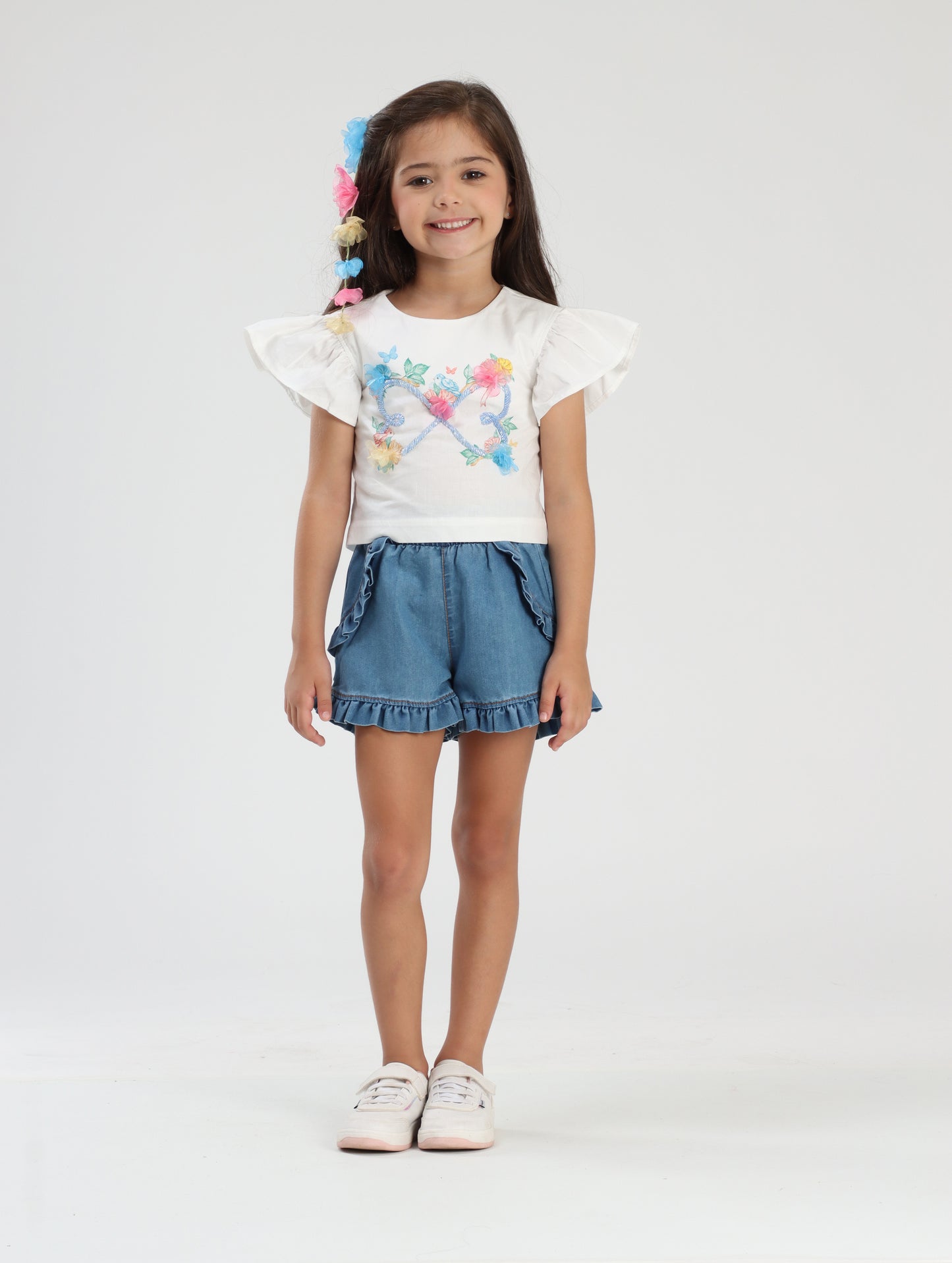 Conjunto Infantil Blusa de Algodão Bordado e Shorts Jeans - Luluzinha