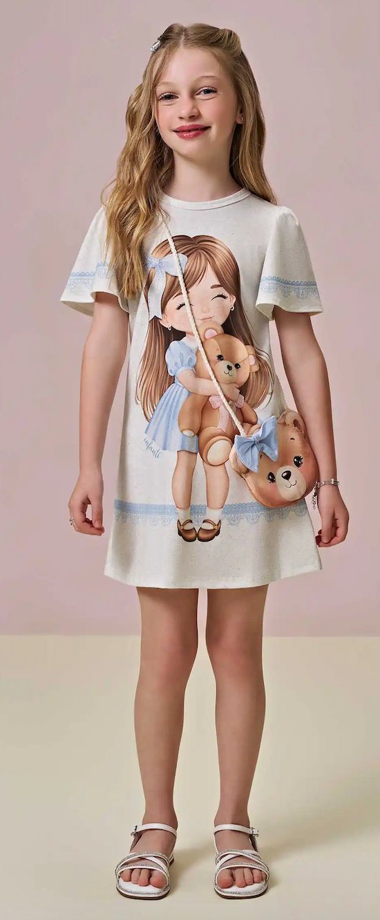Vestido Infantil Ursinha e Bolsa Ursinho Com Laço - Infanti
