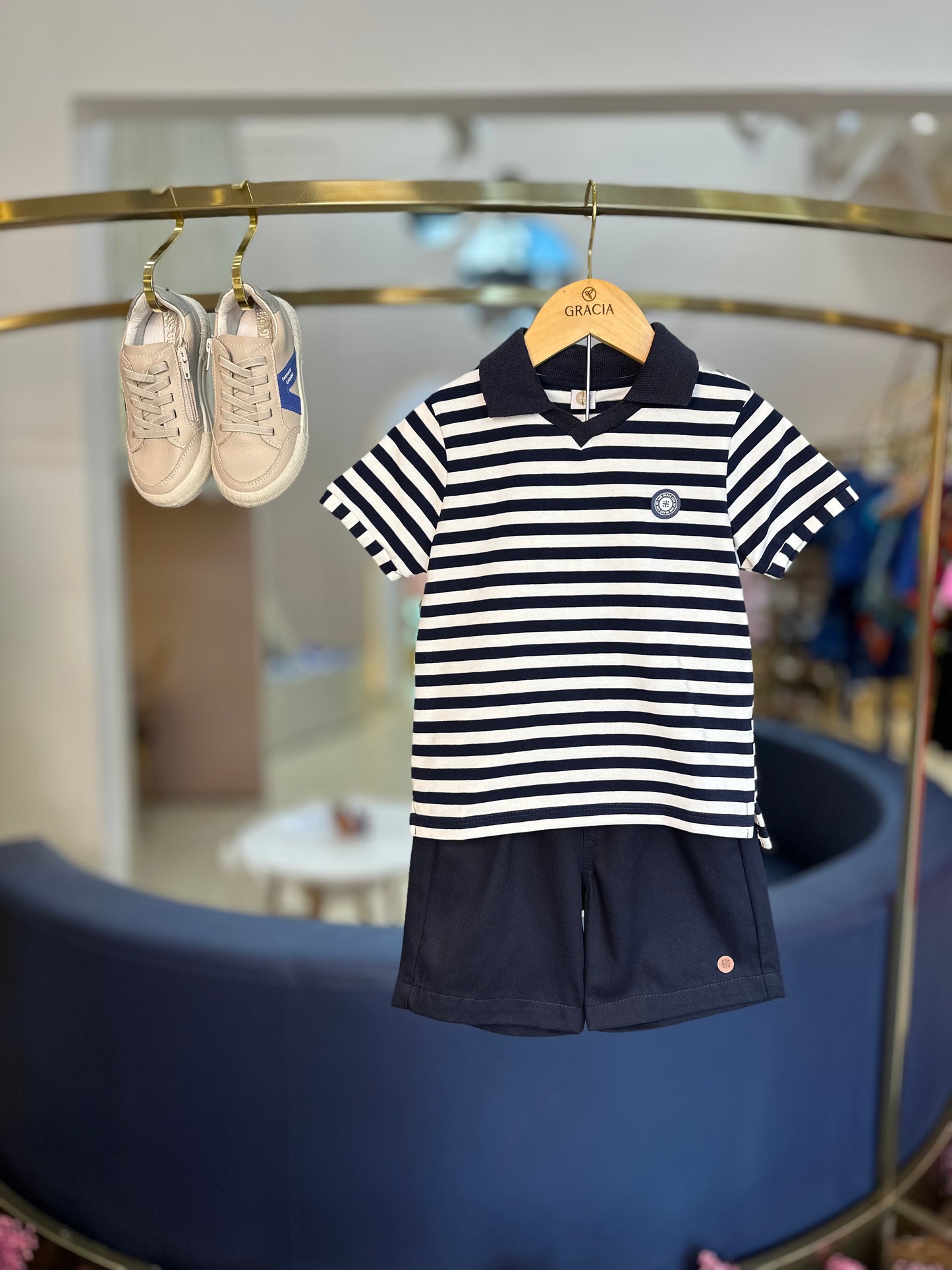 Conjunto Infantil Polo Listras e Bermuda Sarja Marinho - Um Mais Um