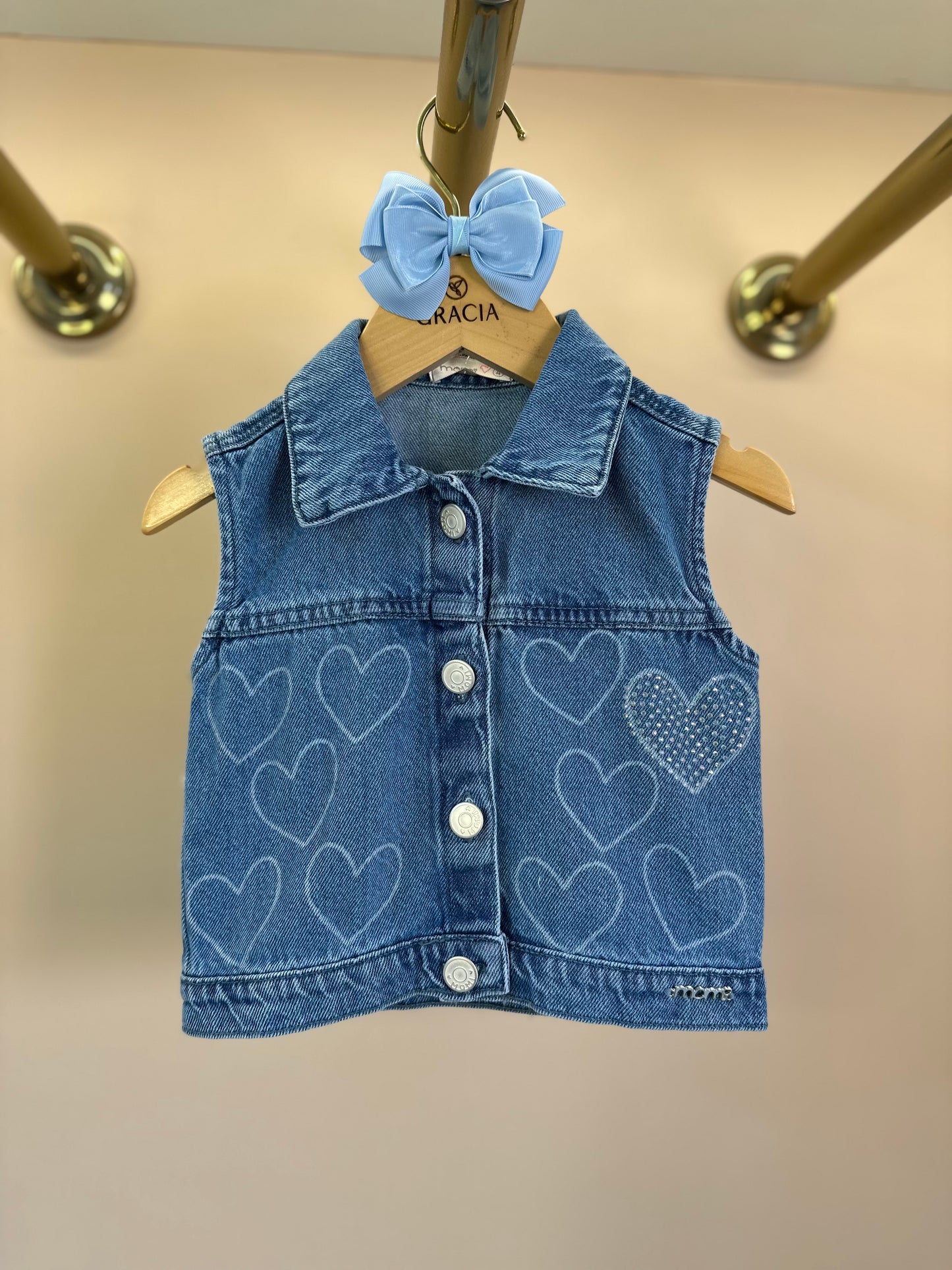 Conjunto Infantil Colete e Shorts Jeans Corações Strass - Momi