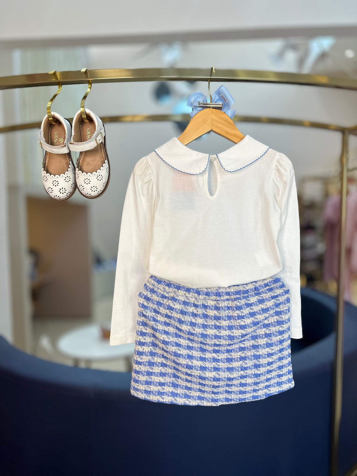 Conjunto Infantil Blusa ML de Algodão com Gola e Saia Malha Tweed com Botões - Beabá