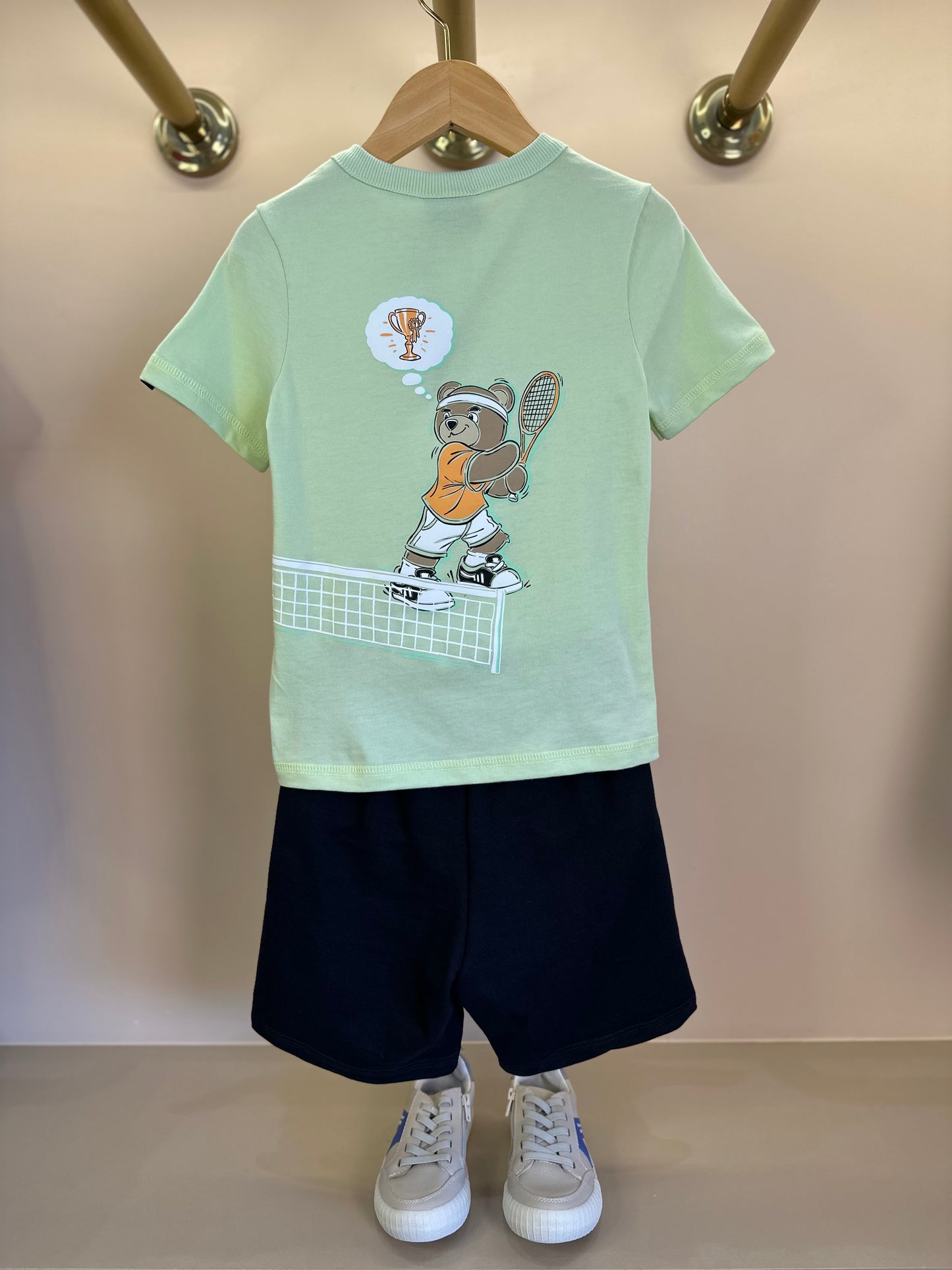 Conjunto Infantil Camiseta Ursinho Tenista e Bermuda Preta - Youccie