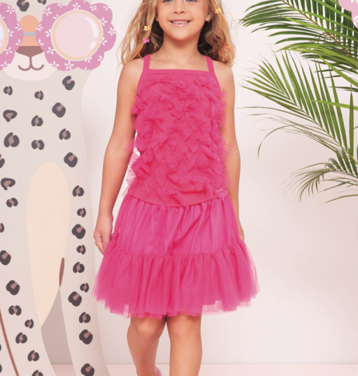 Conjunto Infantil Blusa Rosa Pink Alça com Multi Laços Saia Short com Babados em Tule - Pituchinhus