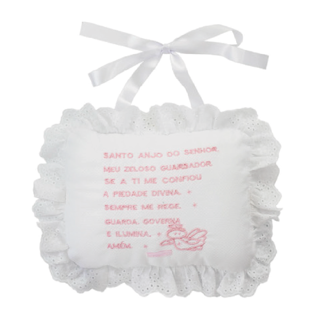 Almofada Bebê Oração Santo Anjo Rendada Bordado Rosa - Roana