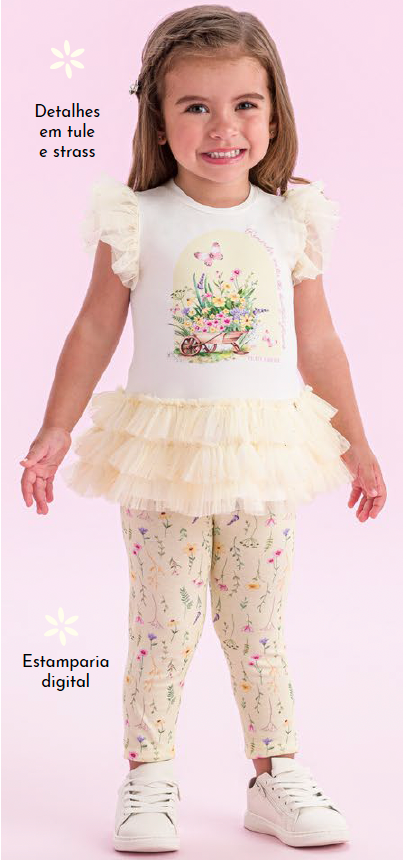 Conjunto Infantil Blusa Tule Amarelo e Legging Estampada - Petit Cherie