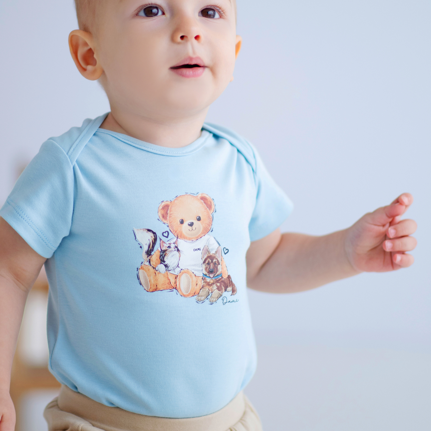 Body Bebê Suedine Algodão Teddy Cachorrinhos Azul - Dame PRÉ-VENDA
