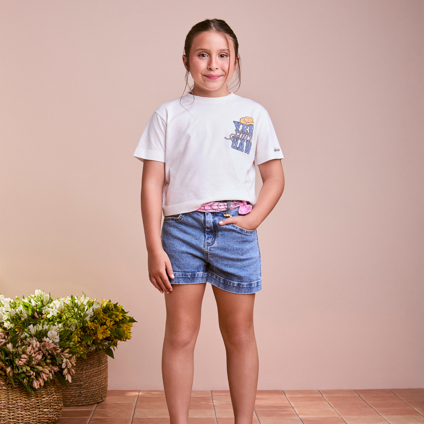 Conjunto Infantil Blusa Stitch Howdy e Shorts Jeans Pingente - Animê