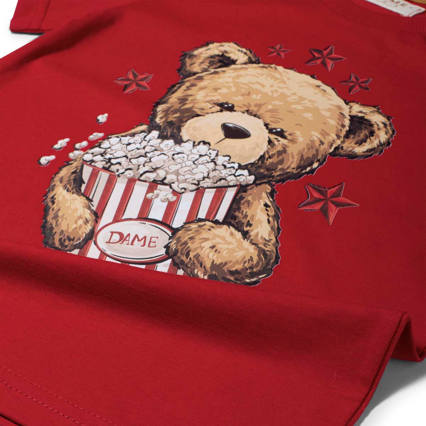 Conjunto Infantil Camiseta Teddy Pipoca e Bermuda Linho Elastano Bege - Dame PRÉ-VENDA