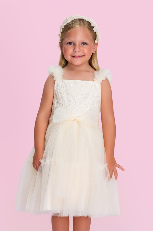 Vestido Infantil Off-White Tule com Bordado Laço e Alças - Petit Cherie