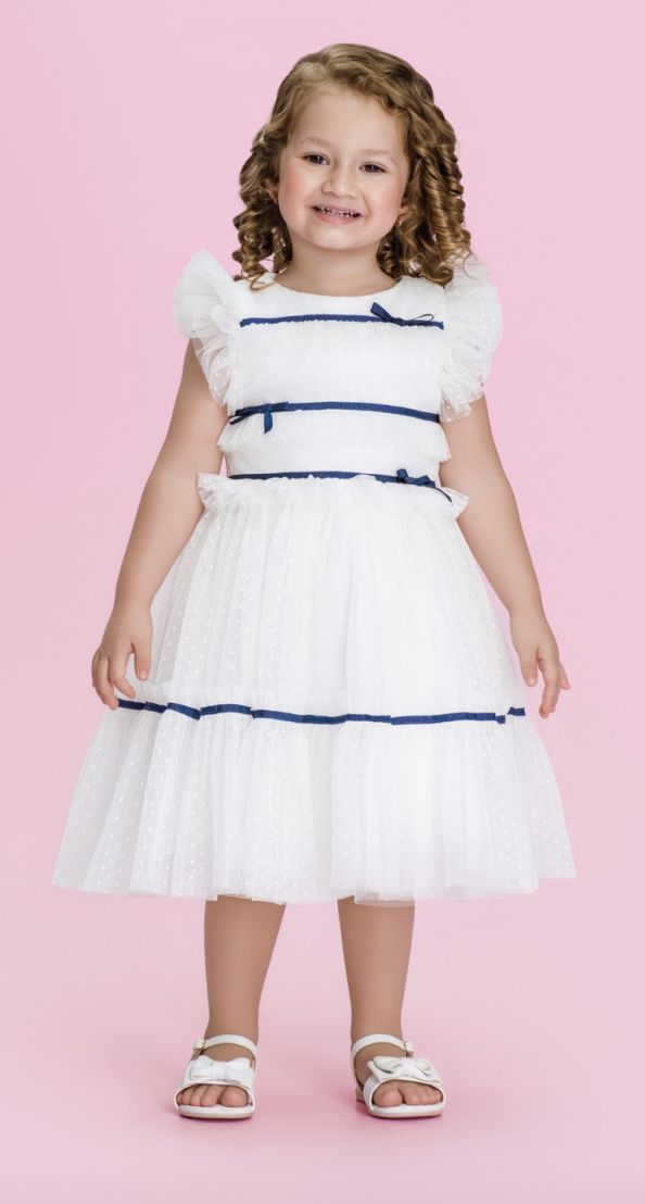 Vestido Infantil Em Tule Detalhes Em Fitas Azuis - Petit Cherie