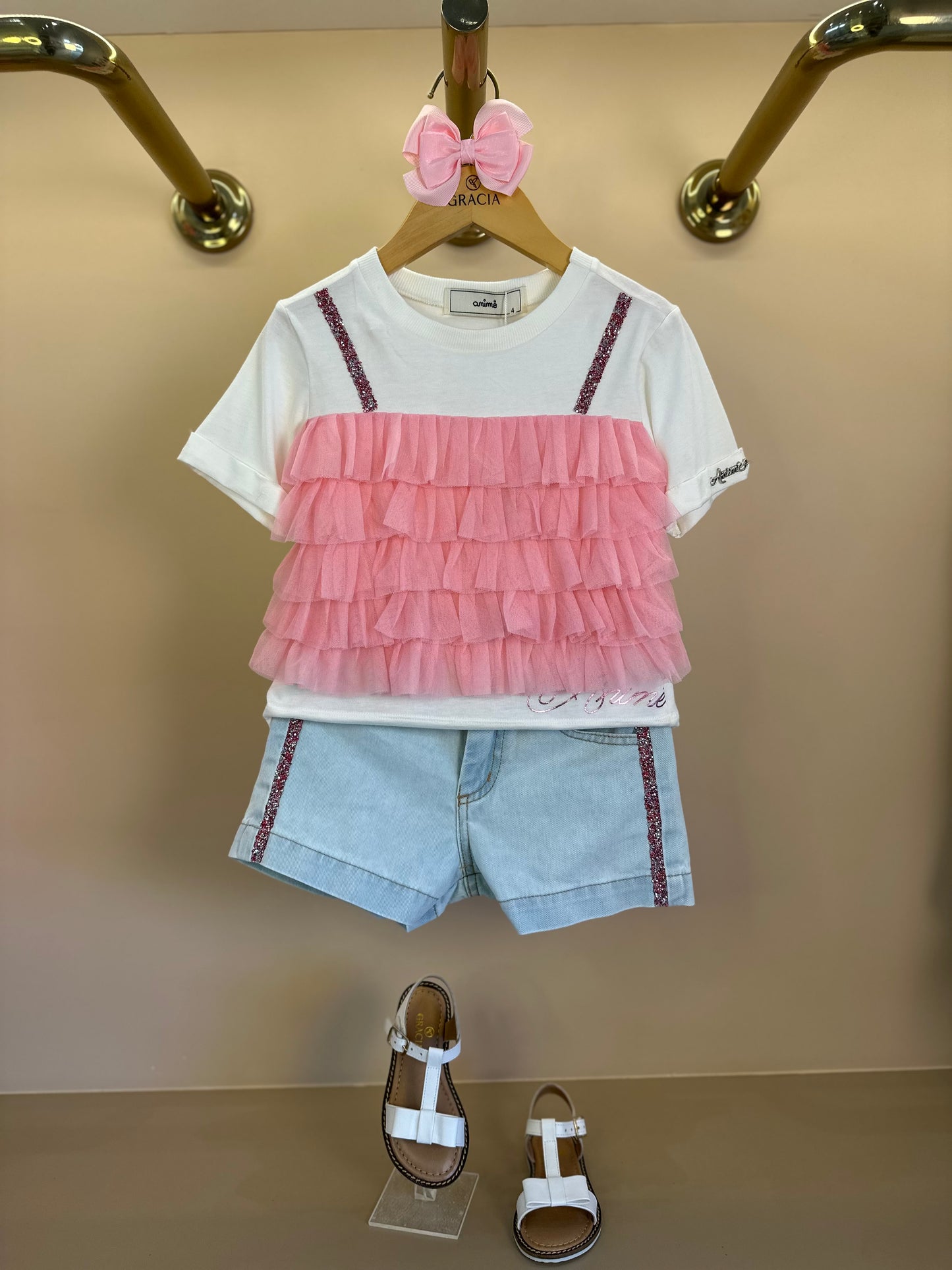 Conjunto Infantil Blusa Babados Tule Rosa e Shorts Jeans Strass Rosa - Animê