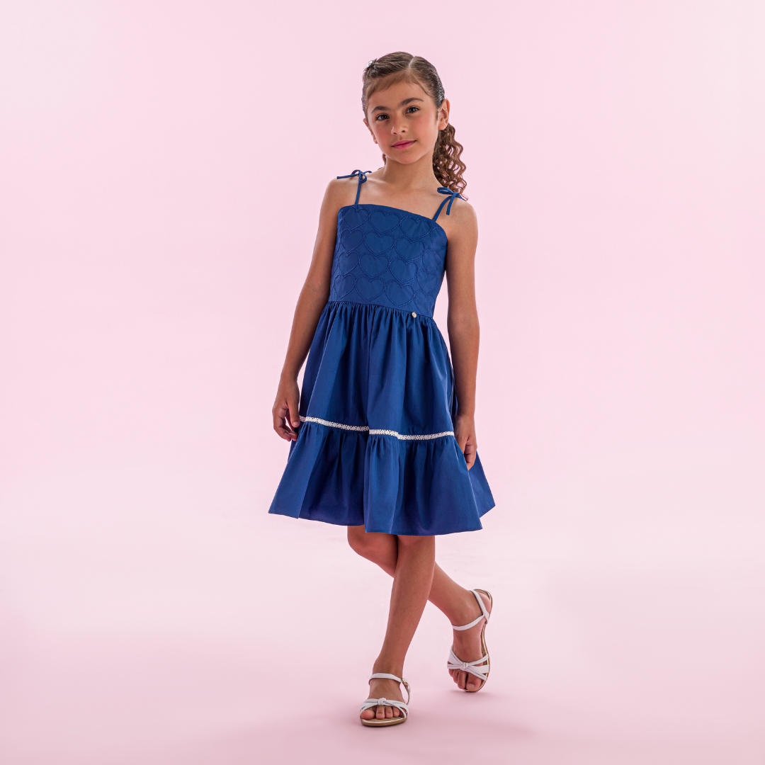 Vestido Infantil Algodão Bordado Corações Royal - Petit Cherie PRÉ-VENDA