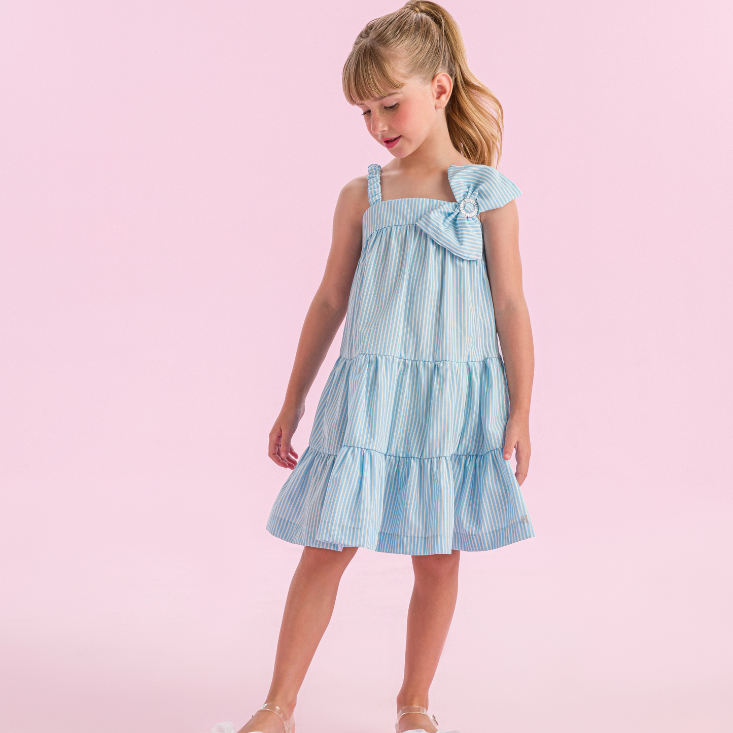 Vestido Infantil Trapézio Rodado Laço Lateral Strass Azul - Petit Cherie PRÉ-VENDA