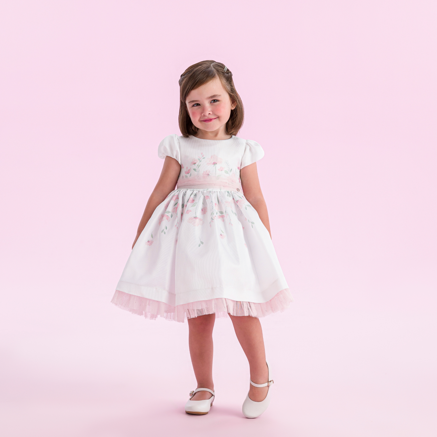Vestido Infantil Festa Tule Rosa Flores - Petit Cherie