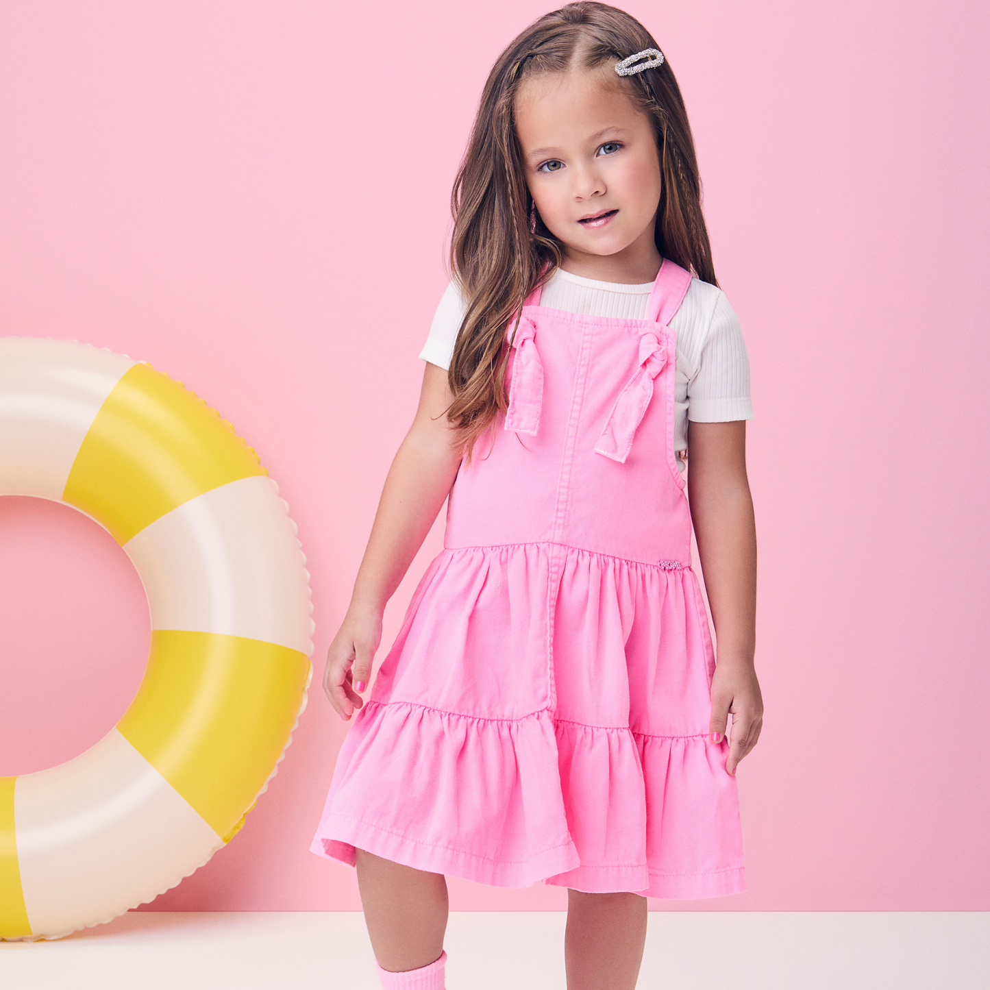 Salopete Infantil Sarja Rosa Fluor - Momi