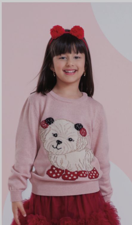 Blusa Infantil Tricot Cachorrinhos PomPom Cristais Rosa Dolce - Pituchinhus