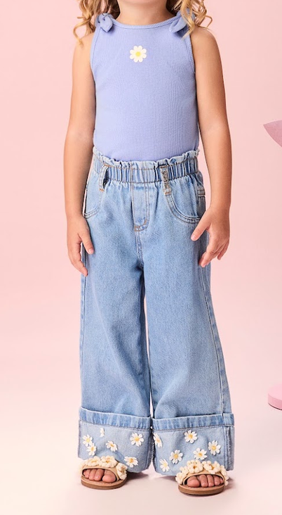 Conjunto Infantil Regata Turim Lilas CalçaJeans Aplique Flor - Momi