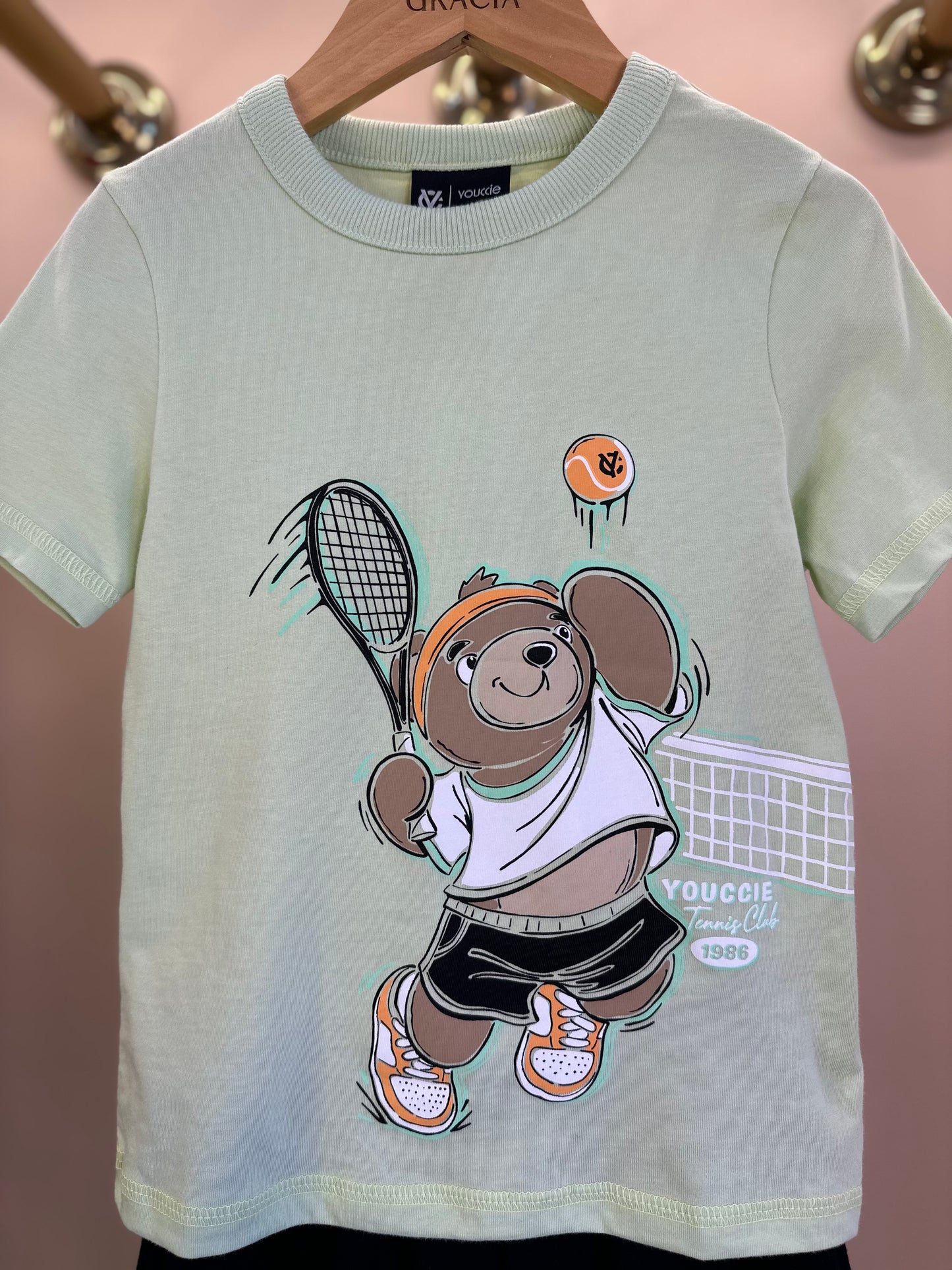 Conjunto Infantil Camiseta Ursinho Tenista e Bermuda Preta - Youccie