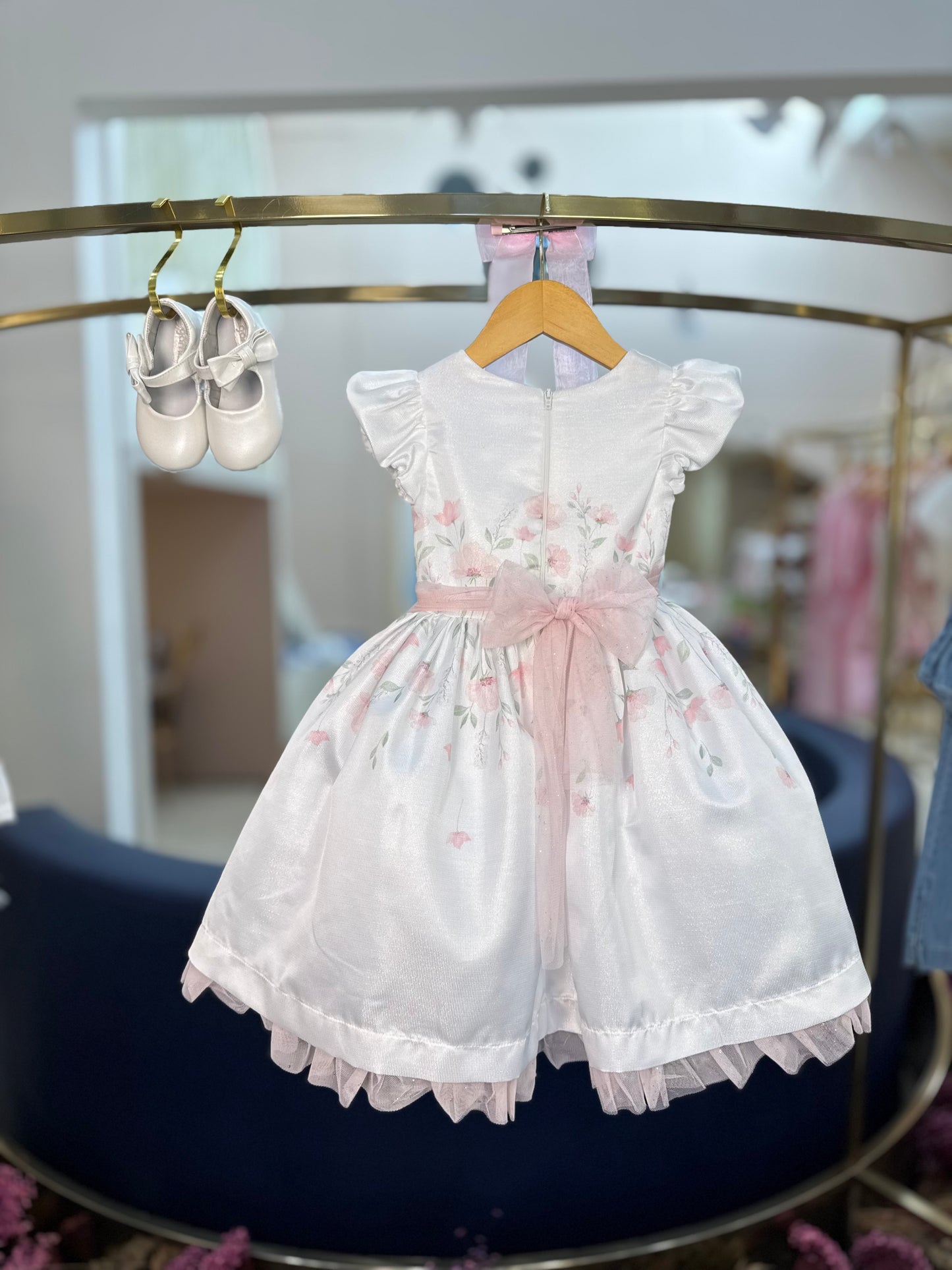 Vestido Infantil Festa Tule Rosa Flores - Petit Cherie