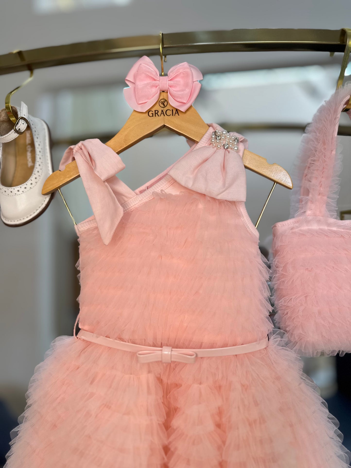 Vestido Infantil Festa Frufru Tule Laço Puffer Bordado Rosa Gelado - Pituchinhus