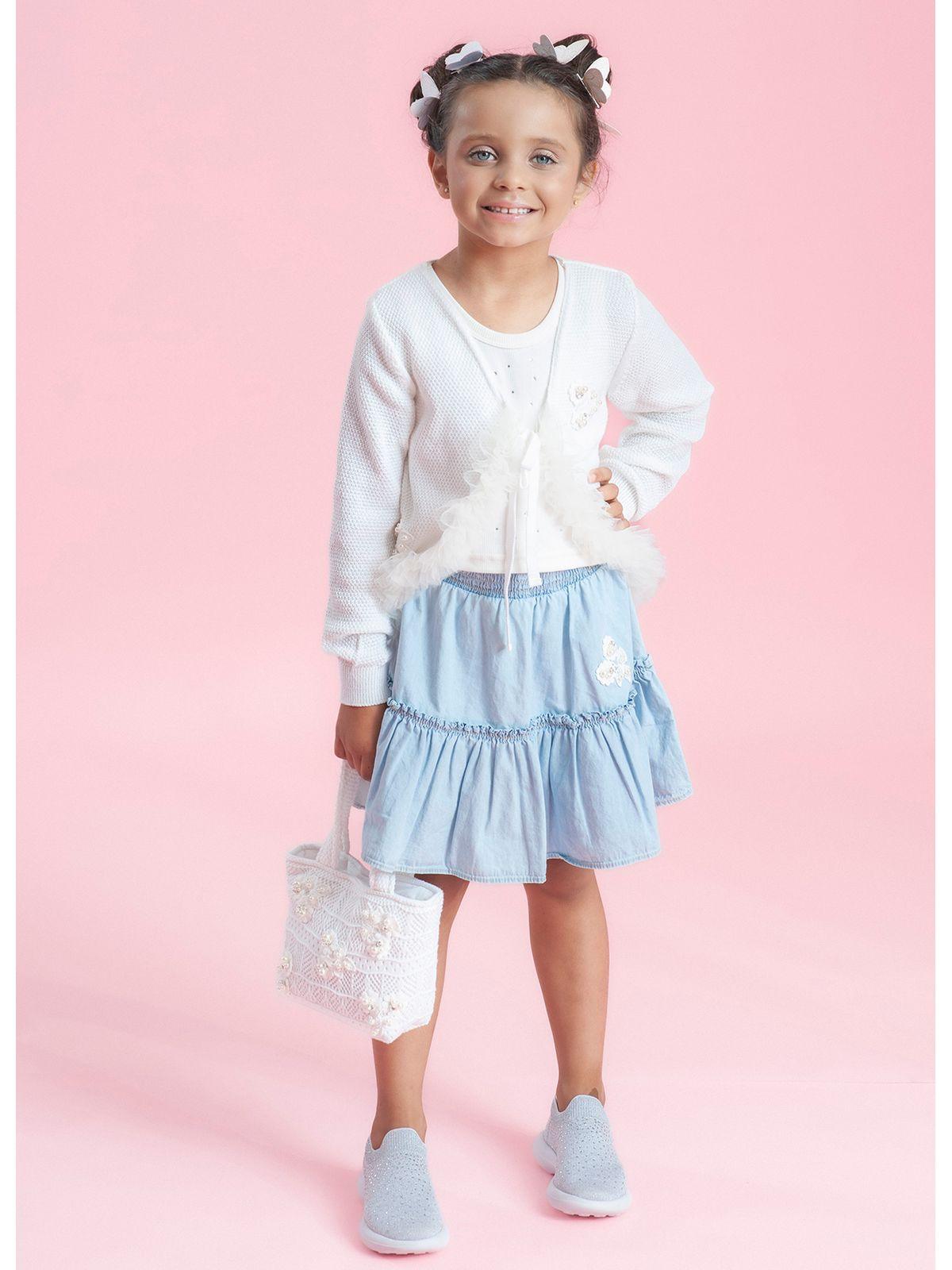 Saia Jeans Babado Guipir Bordado Couture - Pituchinhus - Gracia
