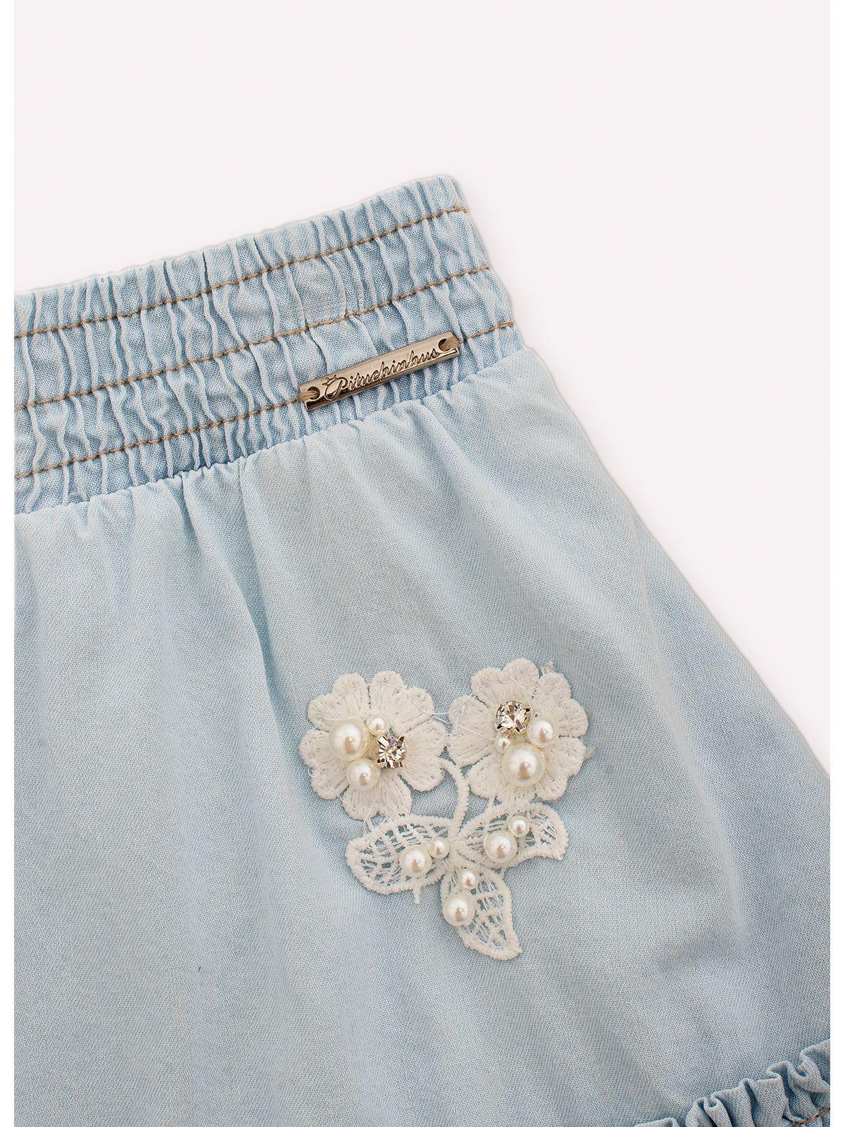 Saia Jeans Babado Guipir Bordado Couture - Pituchinhus - Gracia