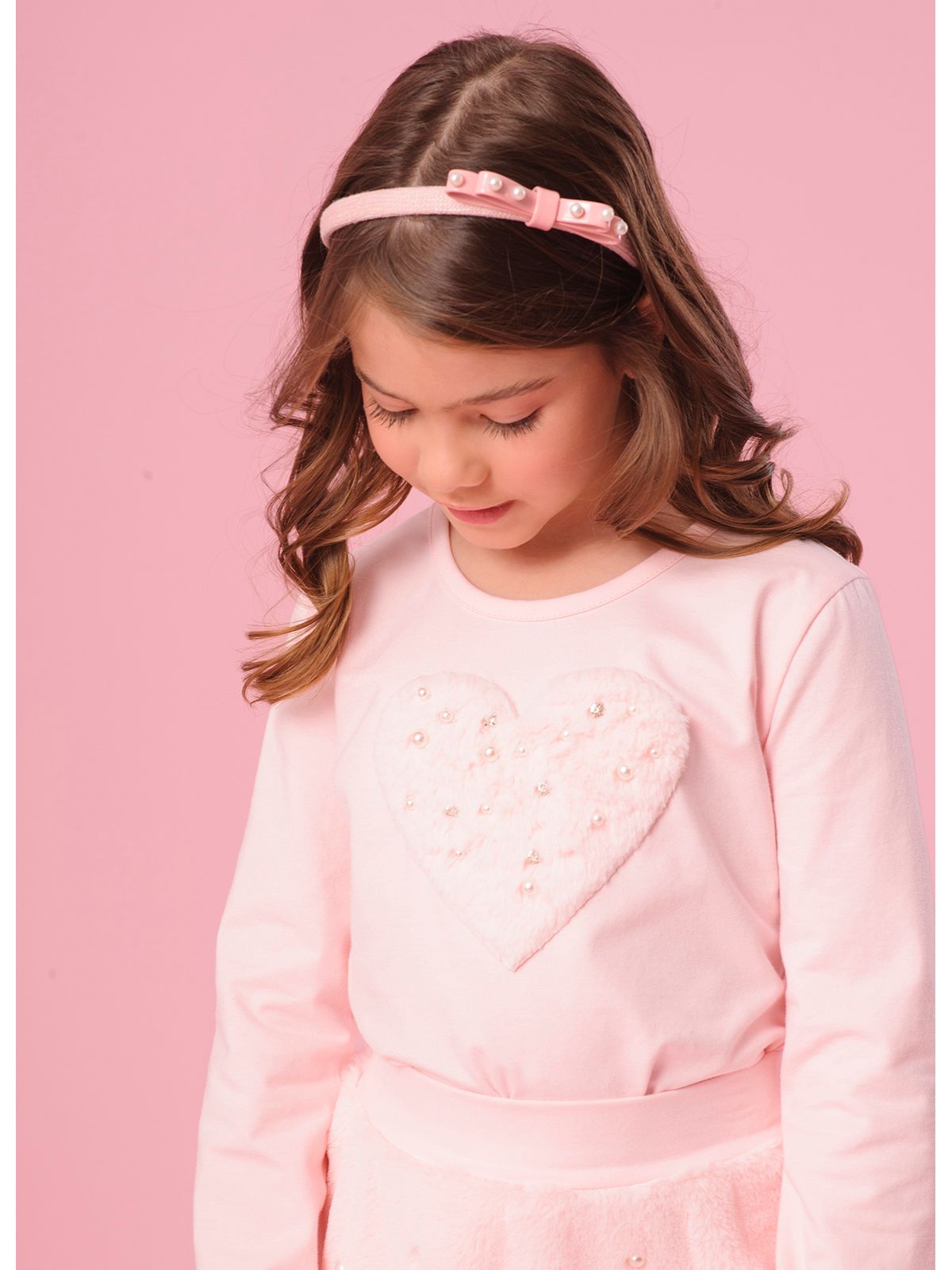 Conjunto Infantil Blusa e Saia-Shorts Pelinho Bordado Pérolas e Cristais - Pituchinhus