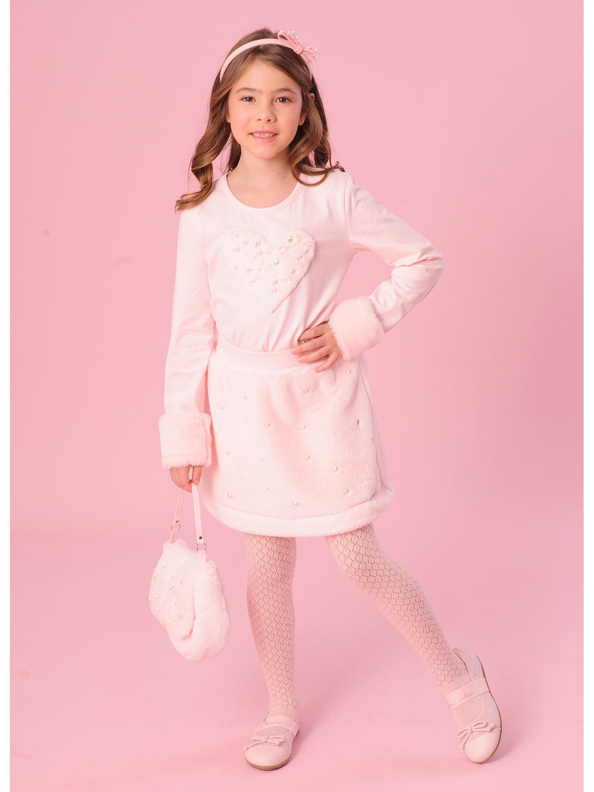 Conjunto Infantil Blusa e Saia-Shorts Pelinho Bordado Pérolas e Cristais - Pituchinhus