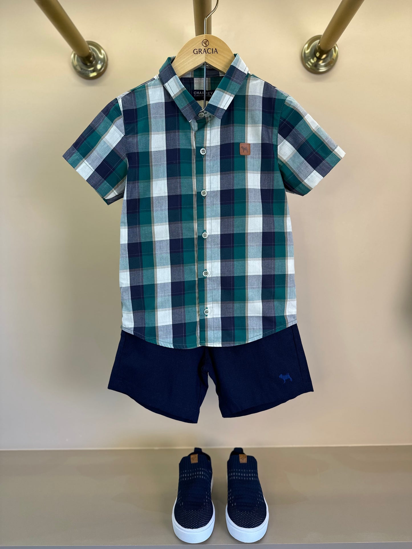 Conjunto Infantil Camisa MC Xadrez Verde e Bermuda Linho Marinho - Charpey