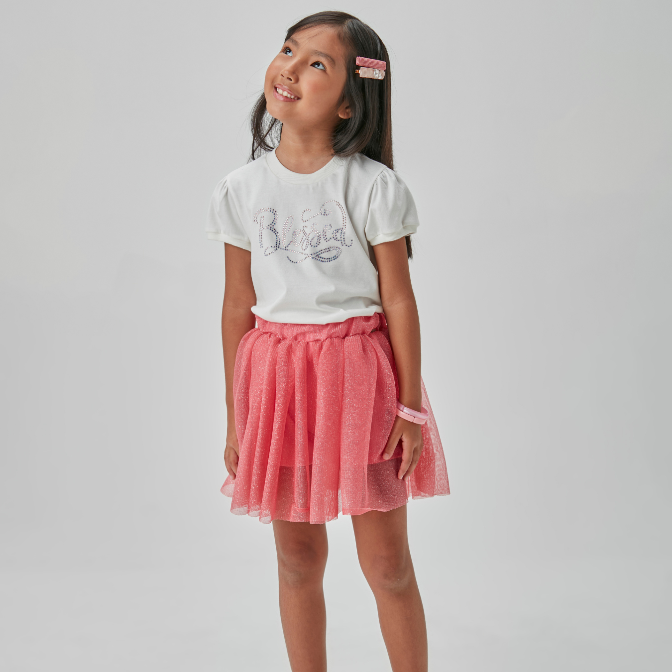 Conjunto Infantil Blusa Algodão e Saia Tule Coral - Beabá PRÉ-VENDA