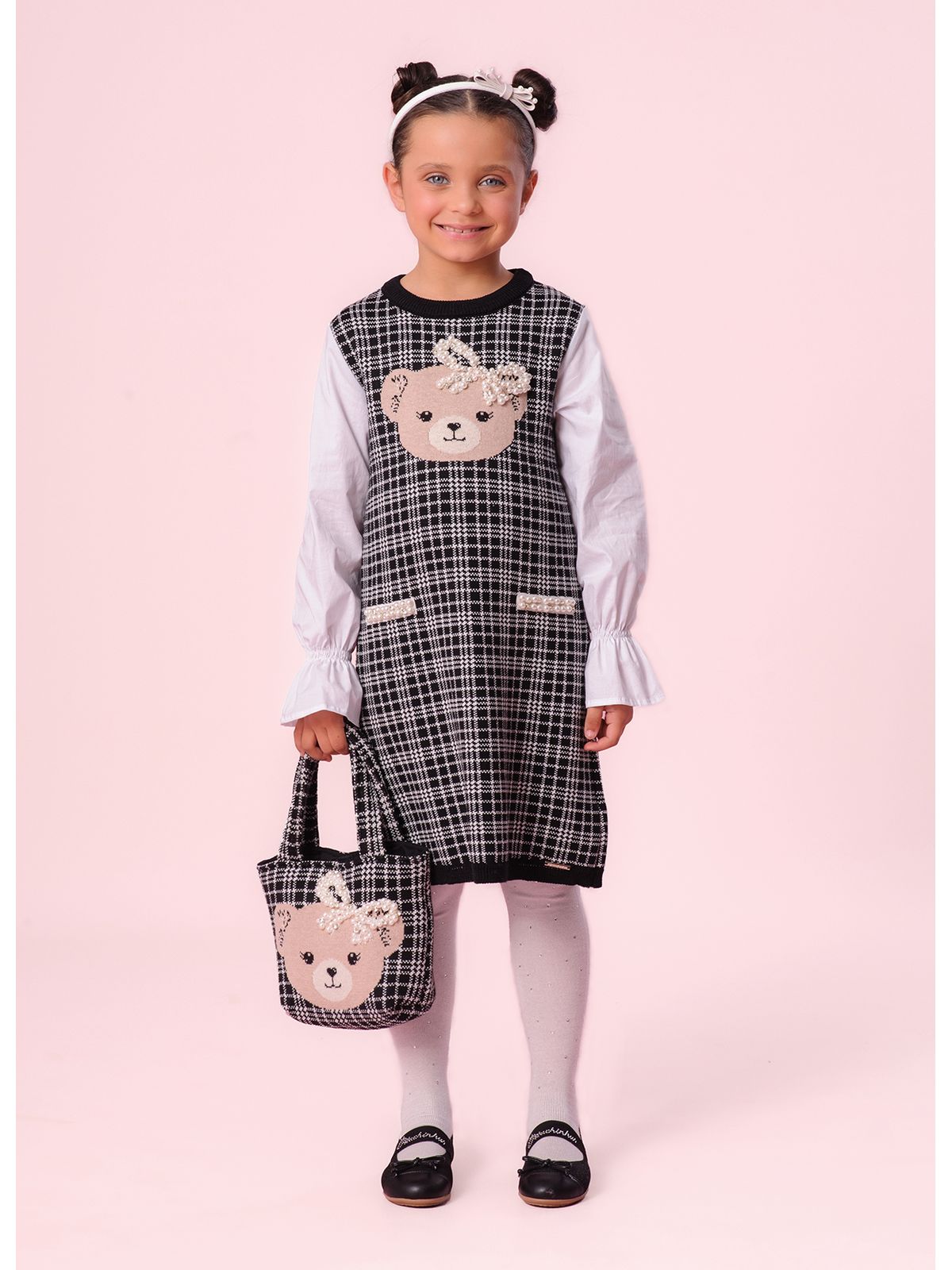 Vestido Infantil Tricot Xadrez Ursinho Mangas de Algodão - Pituchinhus PRÉ-VENDA