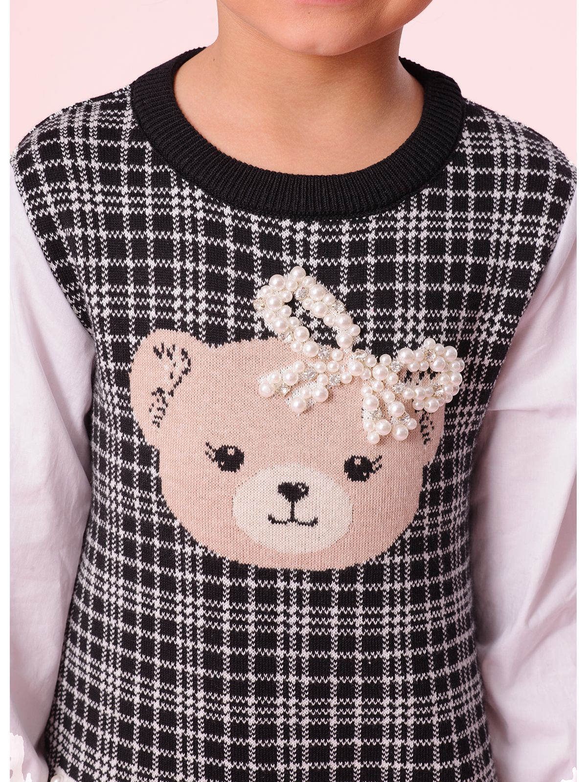 Vestido Infantil Tricot Xadrez Ursinho Mangas de Algodão - Pituchinhus PRÉ-VENDA