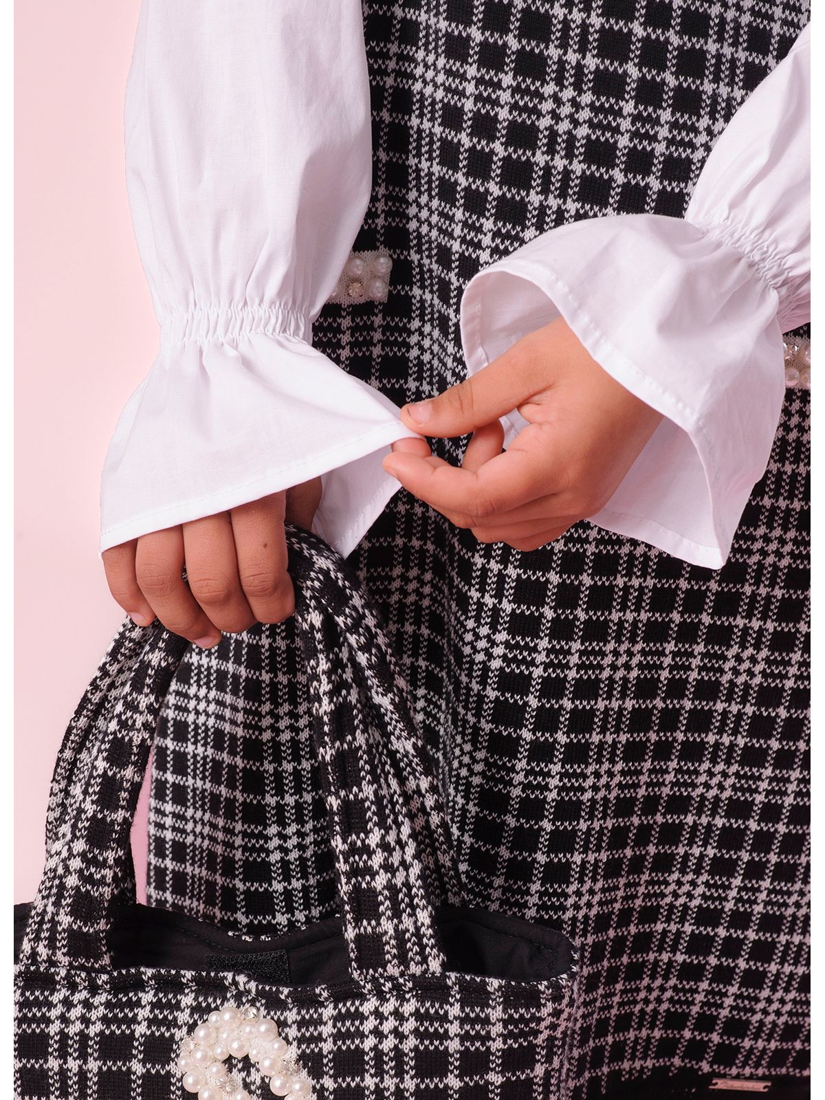 Vestido Infantil Tricot Xadrez Ursinho Mangas de Algodão - Pituchinhus PRÉ-VENDA