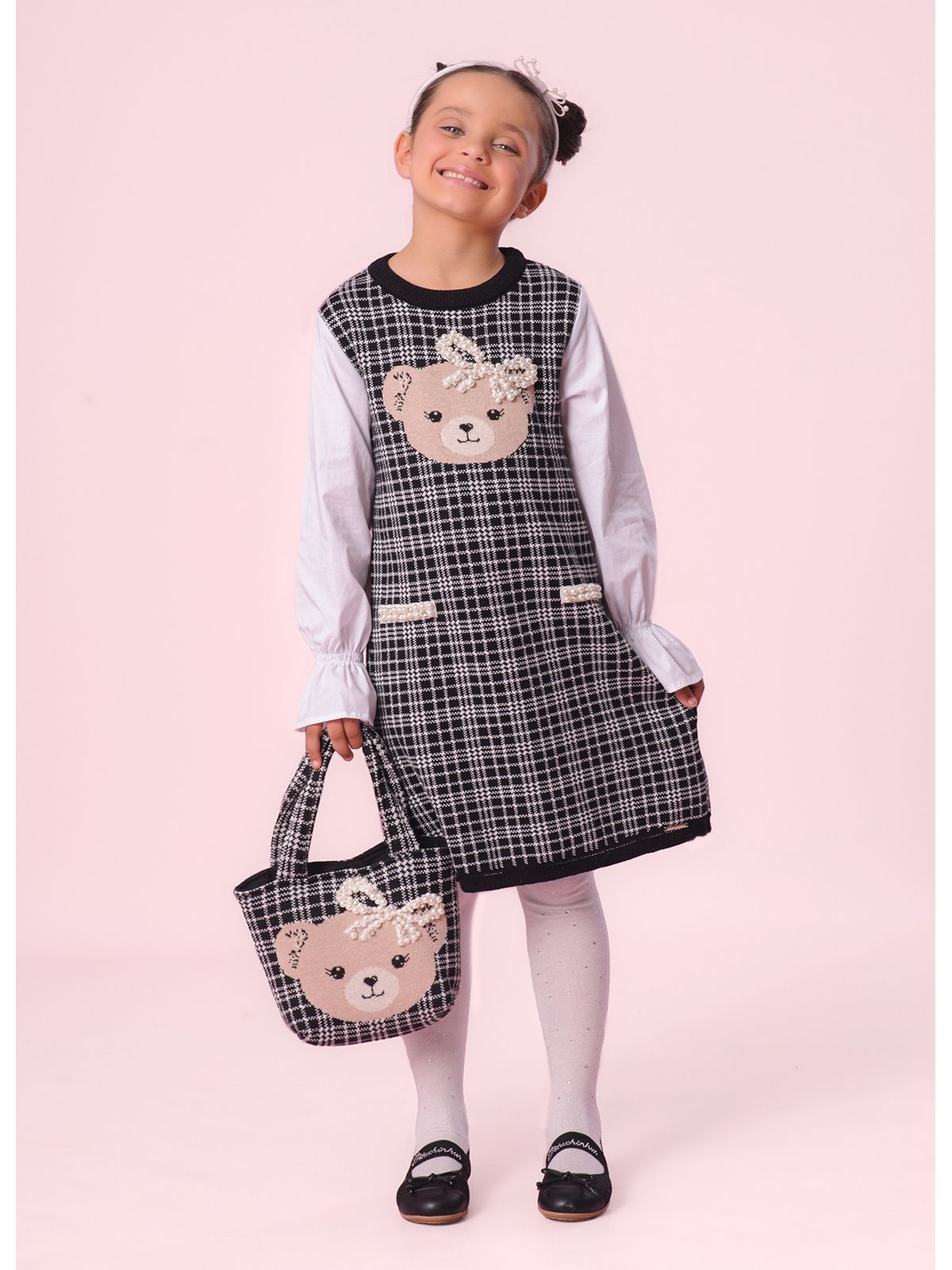 Vestido Infantil Tricot Xadrez Ursinho Mangas de Algodão - Pituchinhus PRÉ-VENDA