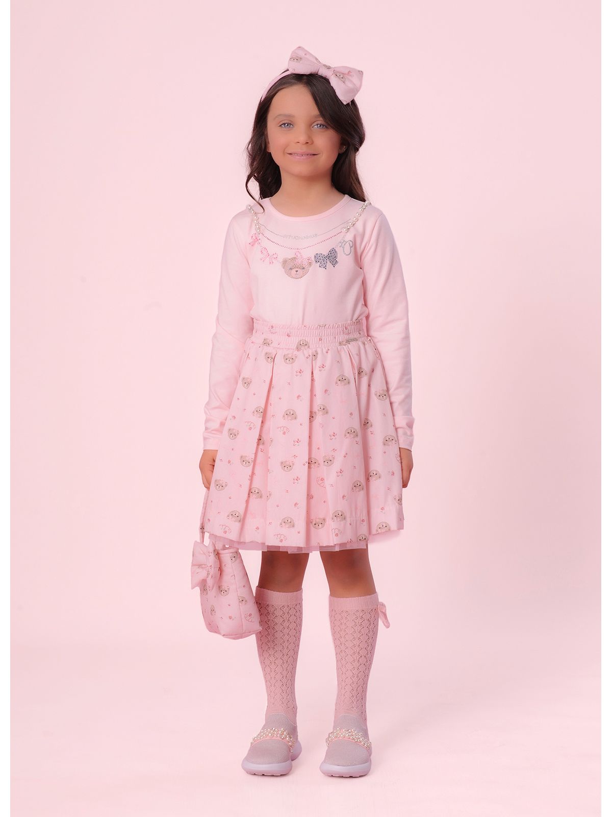 Conjunto Infantil Blusa Colar Bordado e Saia Pregas Ursinha - Pituchinhus PRÉ-VENDA