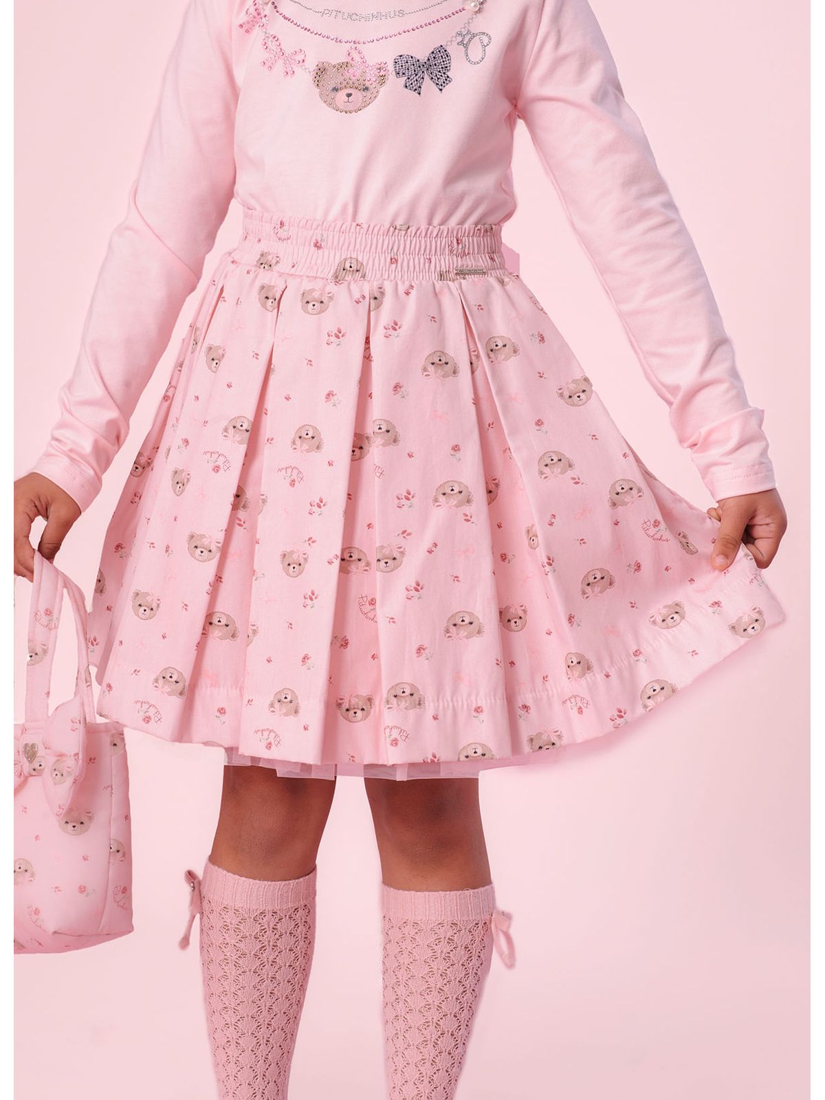 Conjunto Infantil Blusa Colar Bordado e Saia Pregas Ursinha - Pituchinhus PRÉ-VENDA