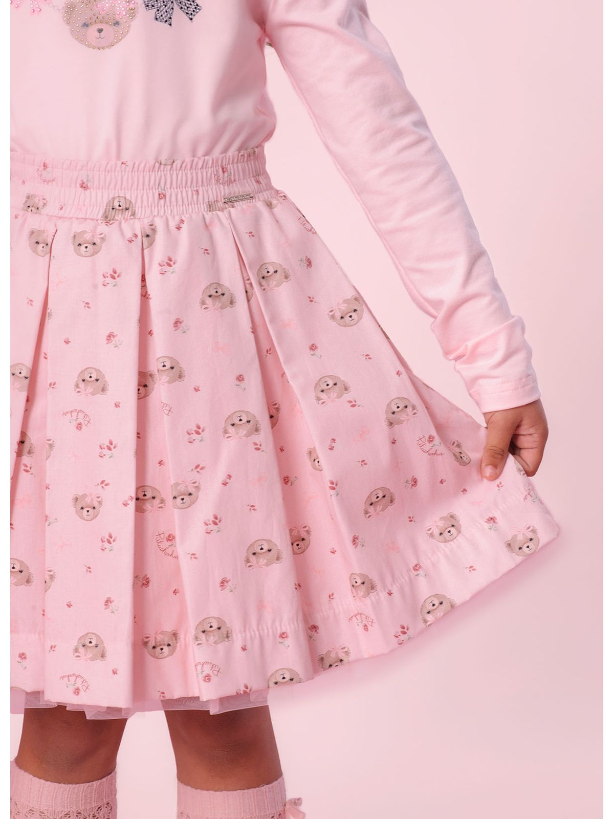Conjunto Infantil Blusa Colar Bordado e Saia Pregas Ursinha - Pituchinhus PRÉ-VENDA