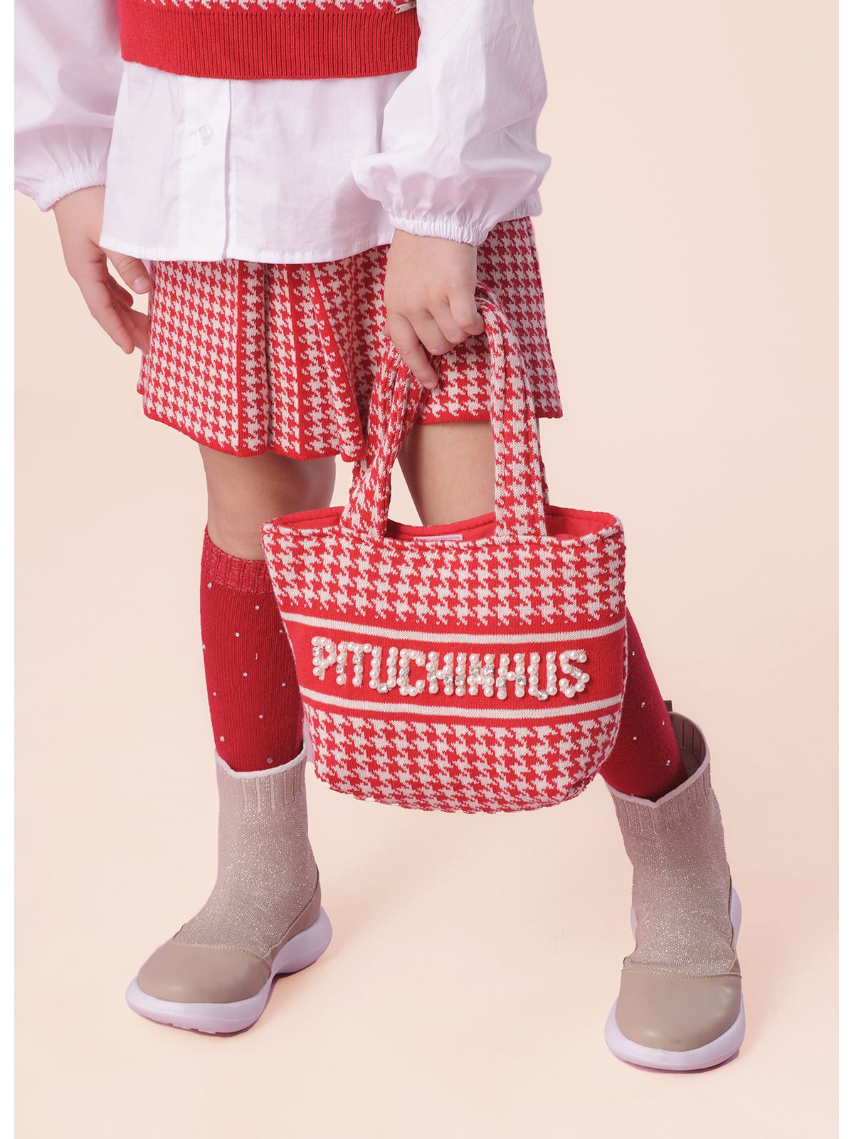 Conjunto Infantil Colete e Saia Tricot Pied Poule Prega - Pituchinhus