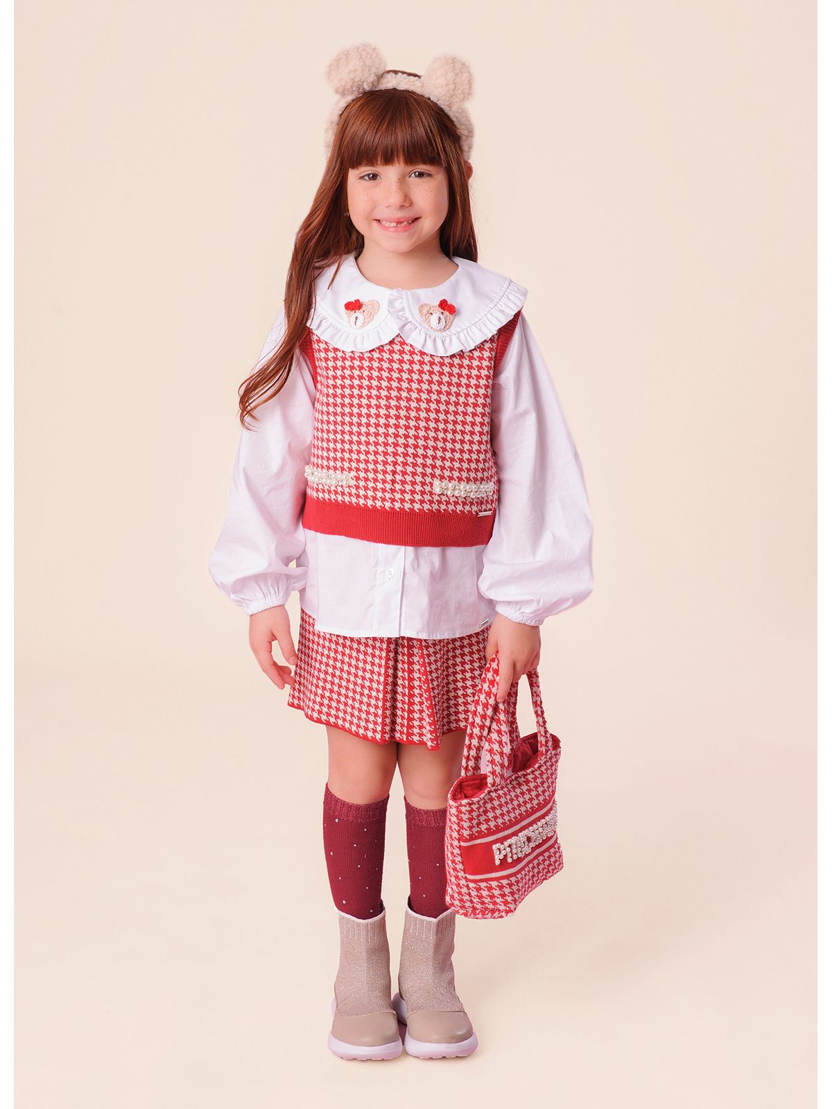 Conjunto Infantil Colete e Saia Tricot Pied Poule Prega - Pituchinhus
