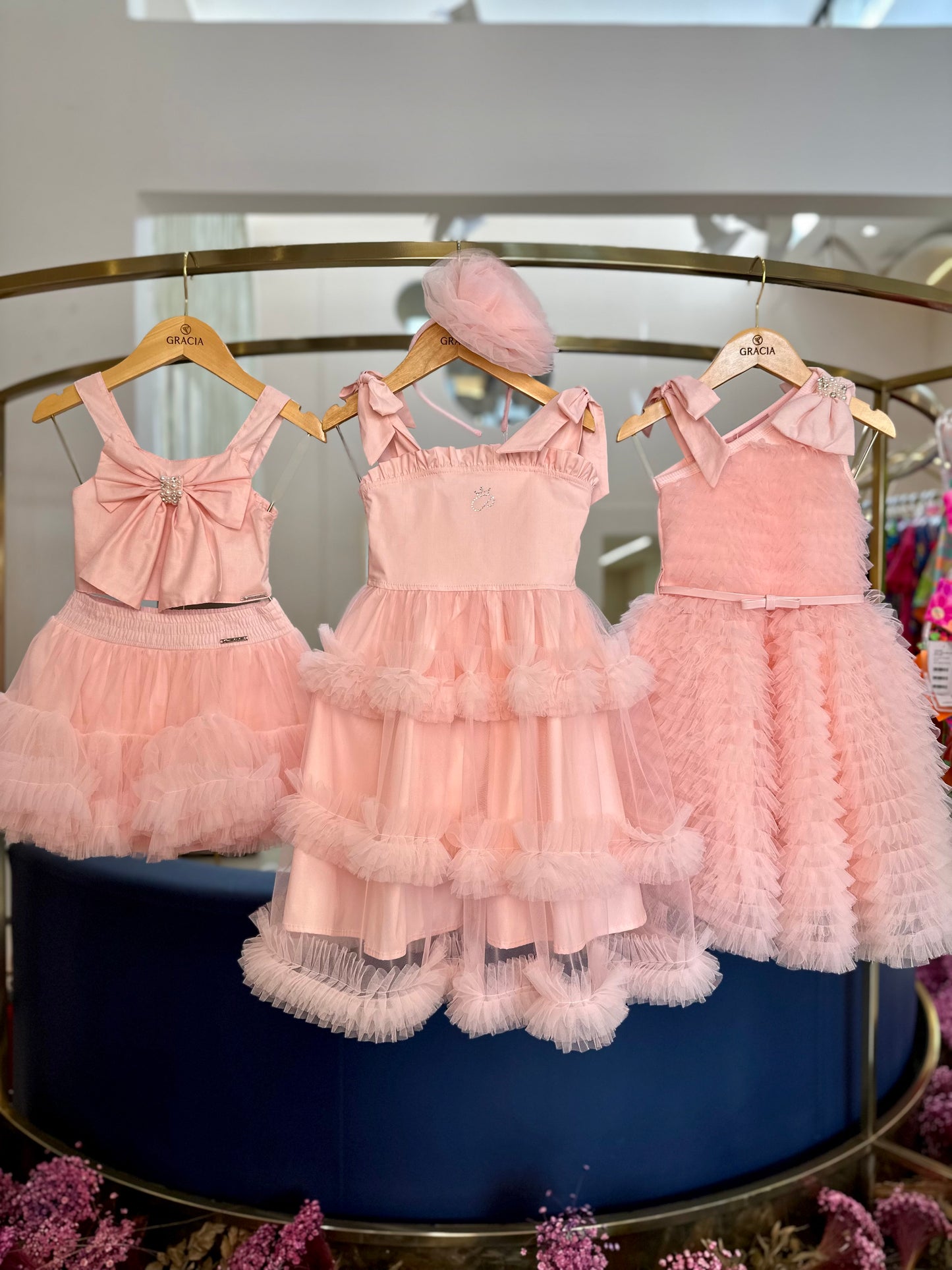 Vestido Infantil Festa Frufru Tule Laço Puffer Bordado Rosa Gelado - Pituchinhus