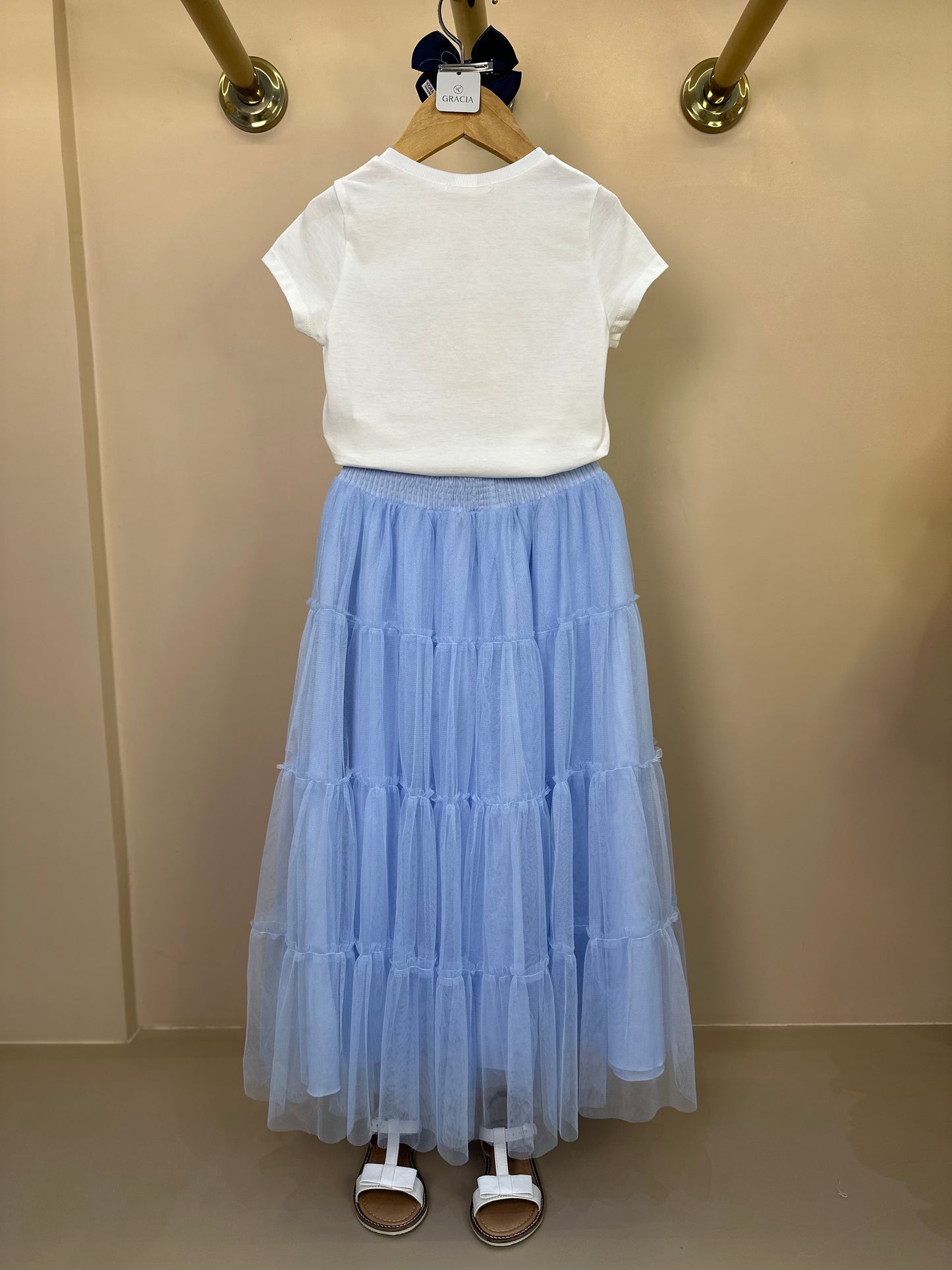Conjunto Infantil Blusa Strass e Saia Longa Tule Azul Laços - Petit Cherie